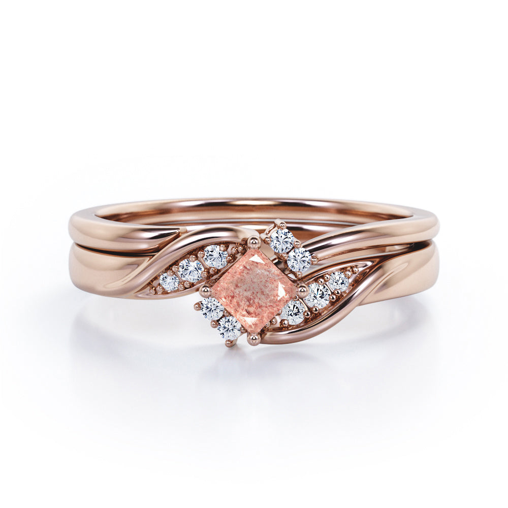 Petite Pave-Channel - 0.55 TCW Rhombus Princess Cut Strawberry Quartz and diamond - Prong Tensioned Wedding Ring Set -  Rose Gold