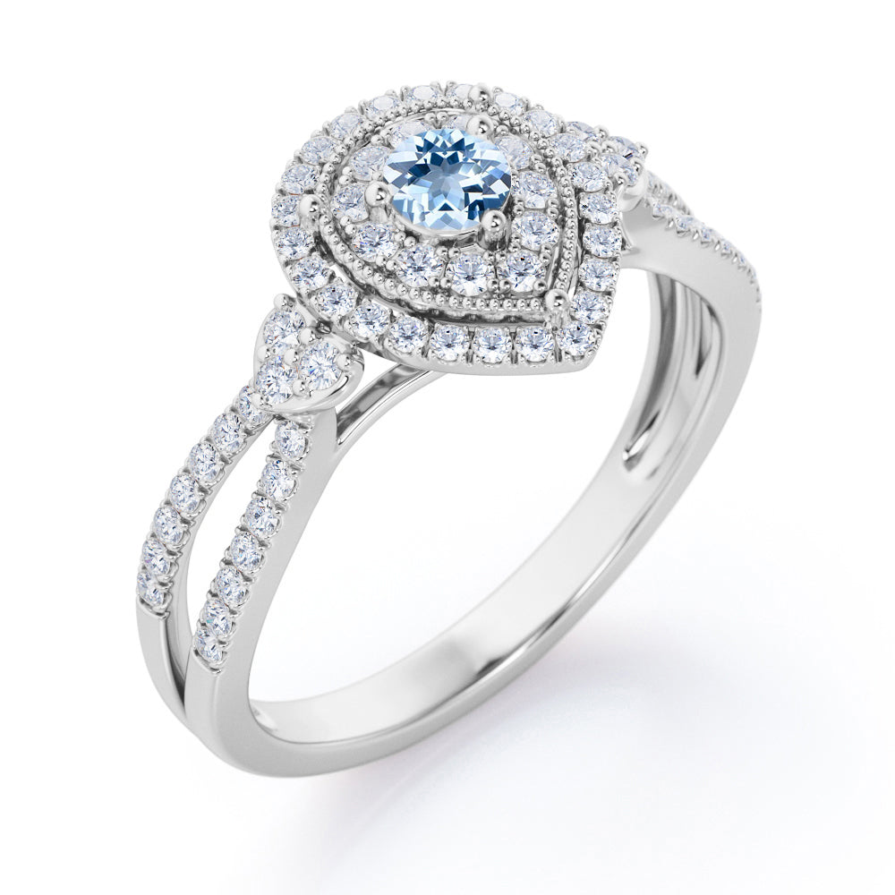 Pear-Shaped Double Halo - 1.7 Carat Round Cut Aquamarine - Pave Split Shank Engagement Ring in White Gold