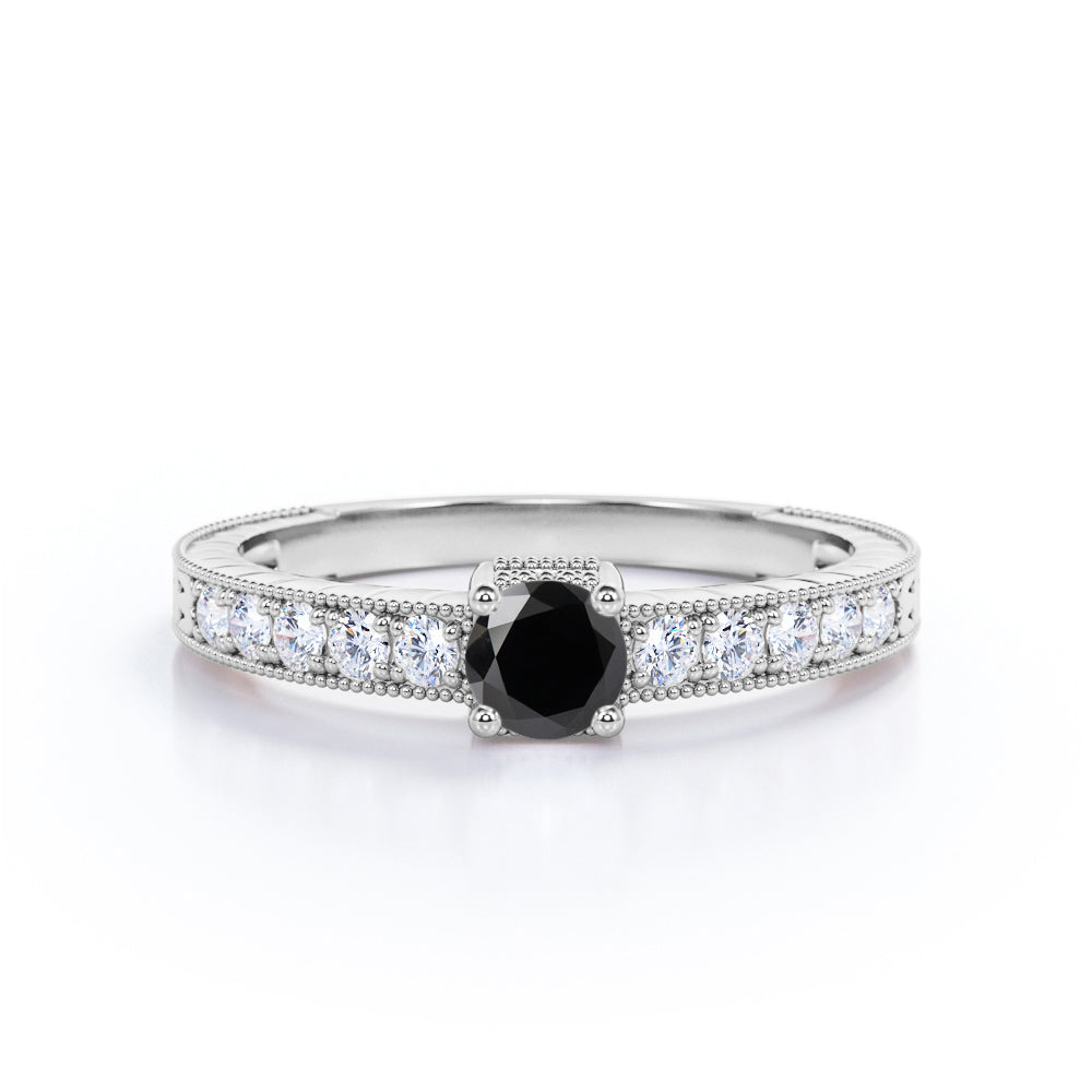 1.10 Carat Round Cut Lab Grown Black Diamond Vintage Milgrain Engagement Ring In White Gold