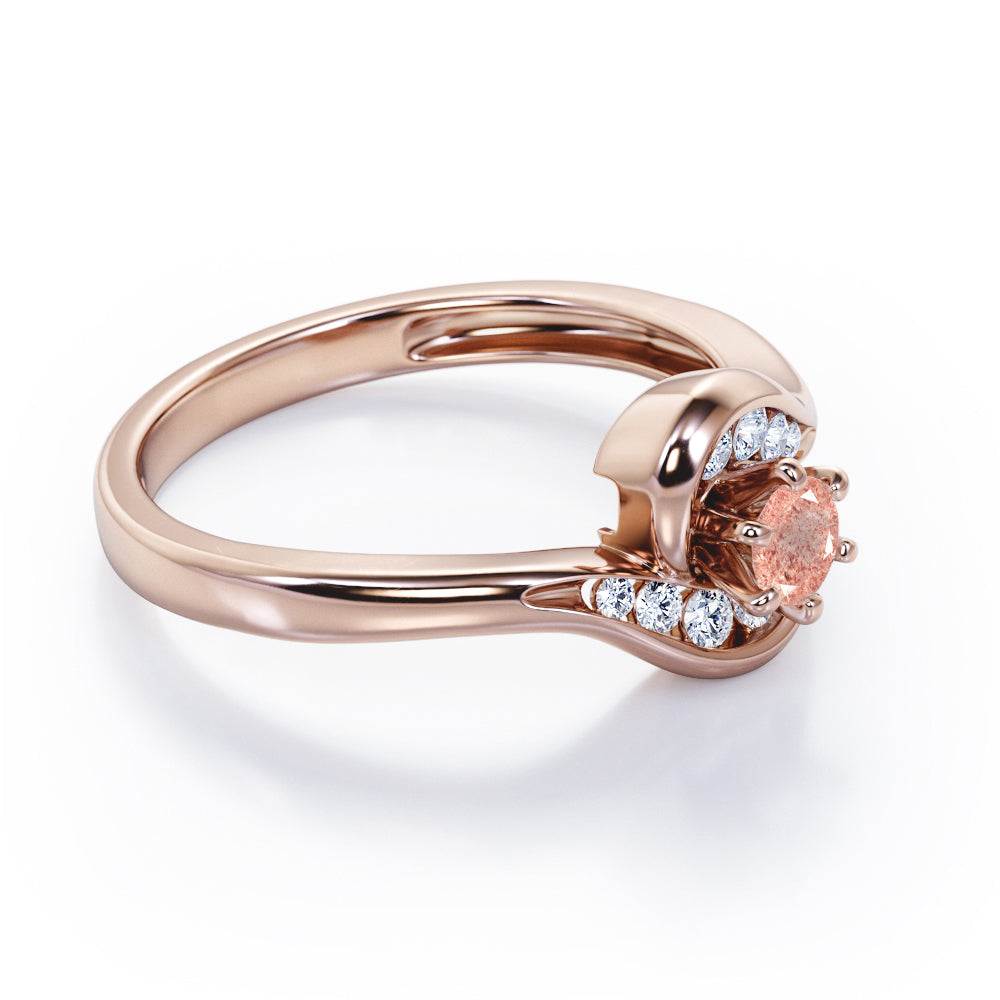 Whirly Gemstone 0.55 carat Round Strawberry Quartz and diamond Artistic Engagement Ring in Rose Gold