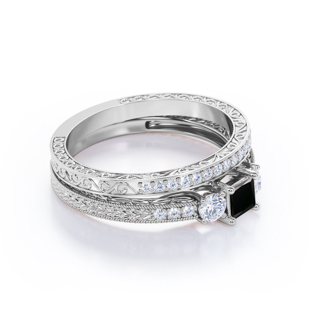 0.5 carat princess cut Black Diamond vintage milgrain bridal set ring in white gold