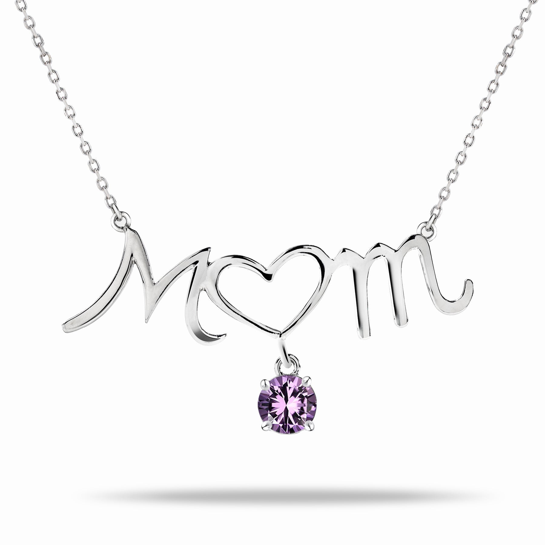 Mom Heart-Shaped O with Hanging Purple Stone Pendant Necklace in 18K White Gold over Silver - February Birthstone - Necklace for Mom