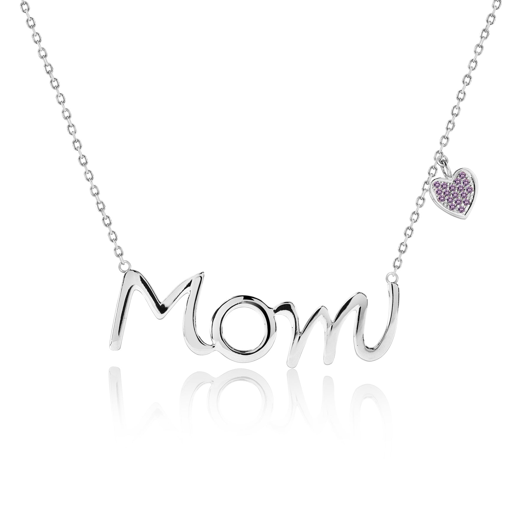 Mom Script Pendant with Purple Stone Decorated Heart Charm Pendant Necklace in 18K White Gold over Silver - February Birthstone