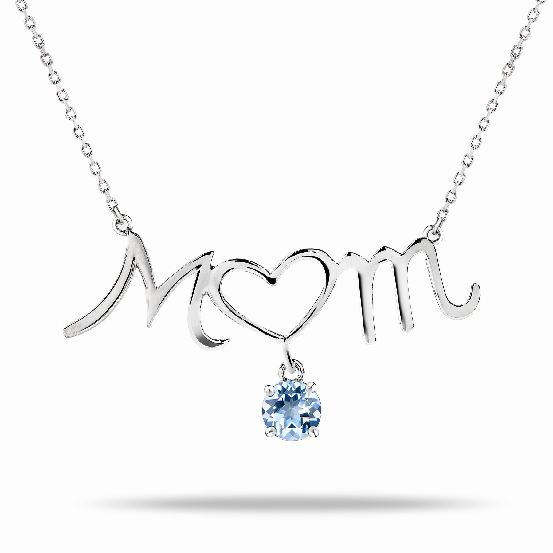 Mom Heart-Shaped O with Hanging Ice Blue Stone Pendant Necklace in 18K White Gold over Silver - March Birthstone - Necklace for Mom