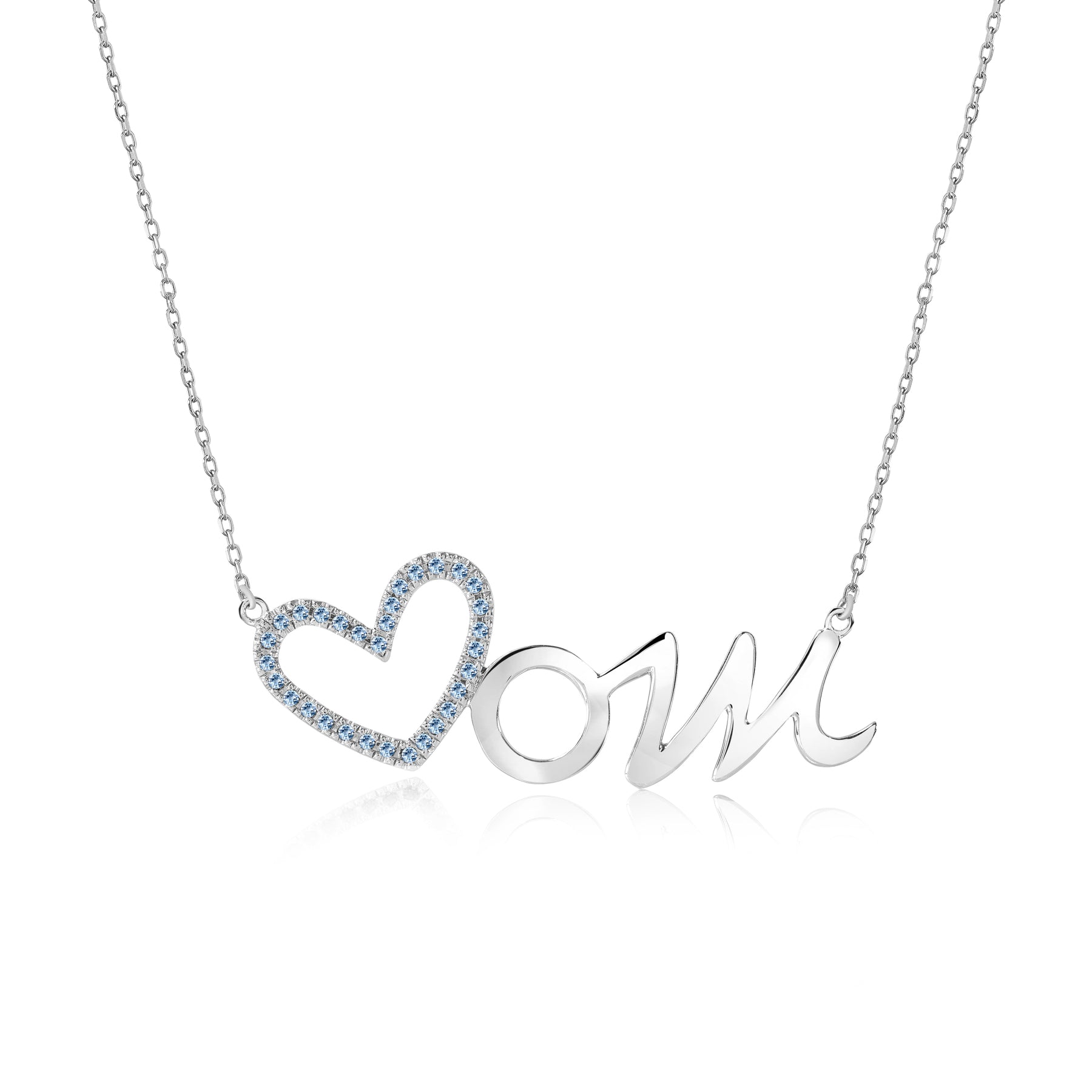 Open Heart Mom with Decorated Ice Blue Stone Pendant Necklace in 18K White Gold over Silver - March Birthstone - Gift for Mom