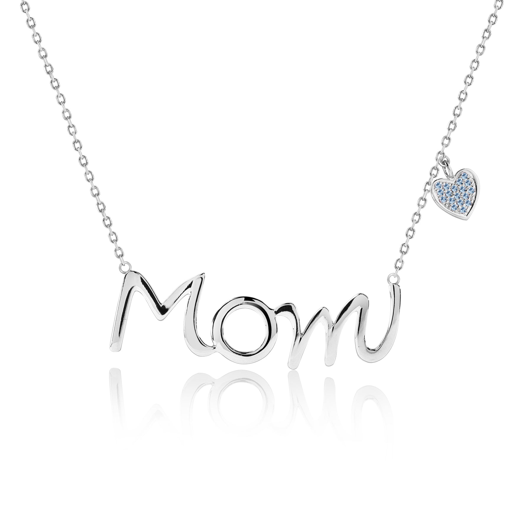 Mom Script Pendant with Ice Blue Stone Decorated Heart Charm Pendant Necklace in 18K White Gold over Silver - March Birthstone