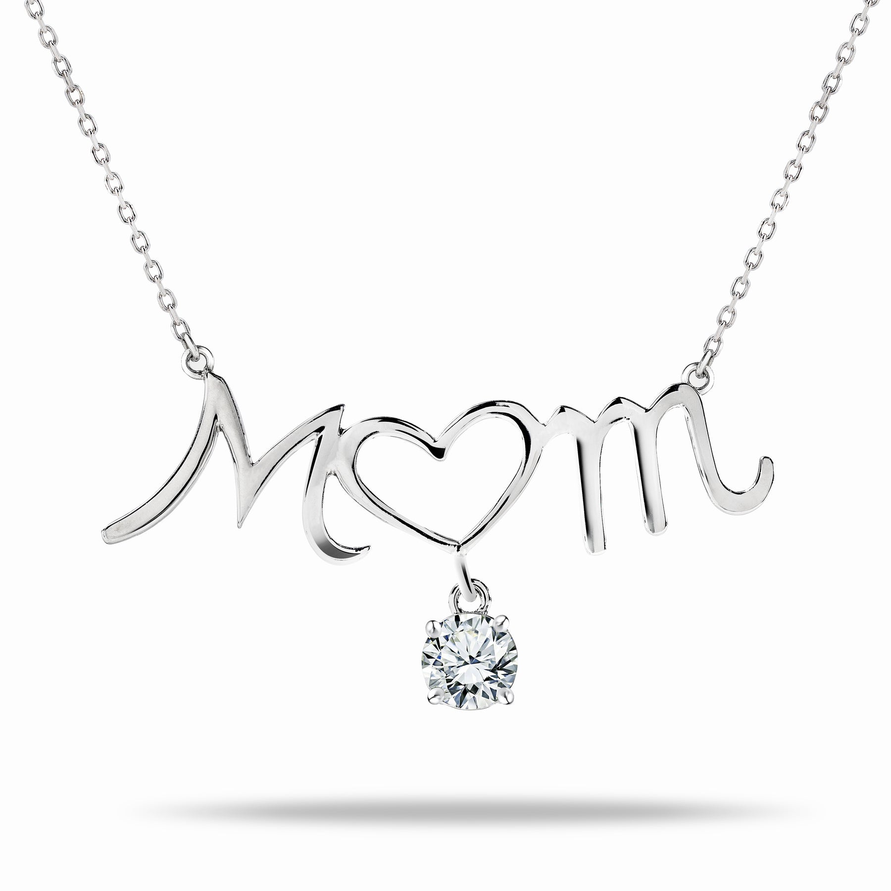 Mom Heart-Shaped O with Hanging White Stone Pendant Necklace in 18K White Gold over Silver - April Birthstone - Necklace for Mom