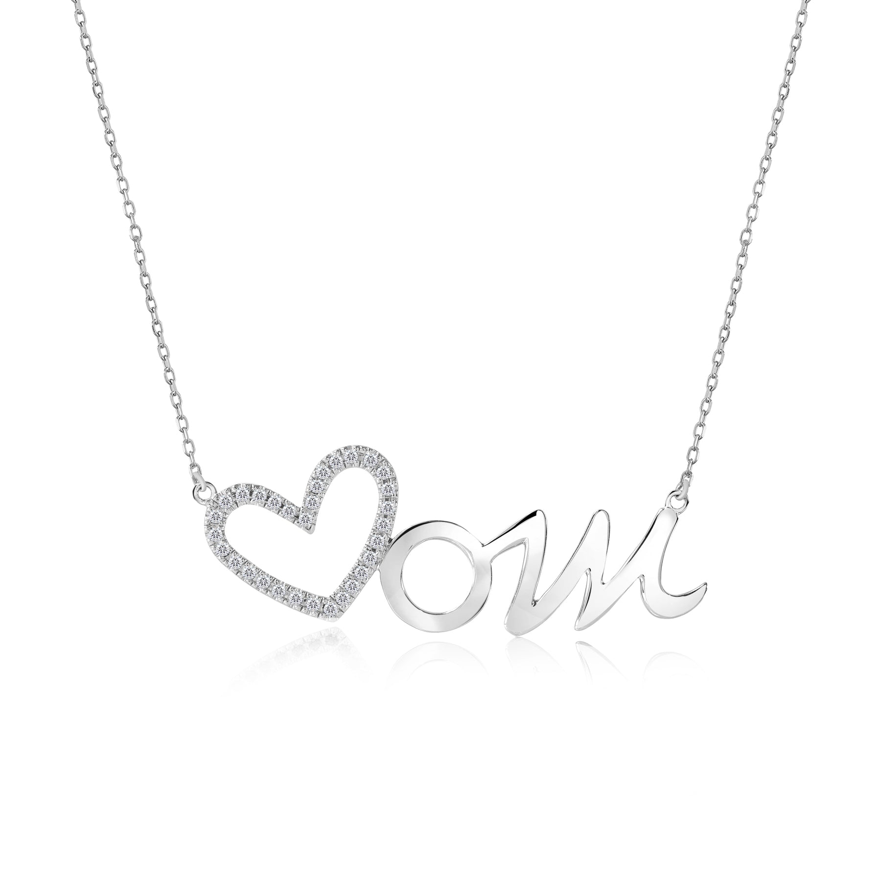 Open Heart Mom with Decorated White Stone Pendant Necklace in 18K White Gold over Silver - April Birthstone - Gift for Mom