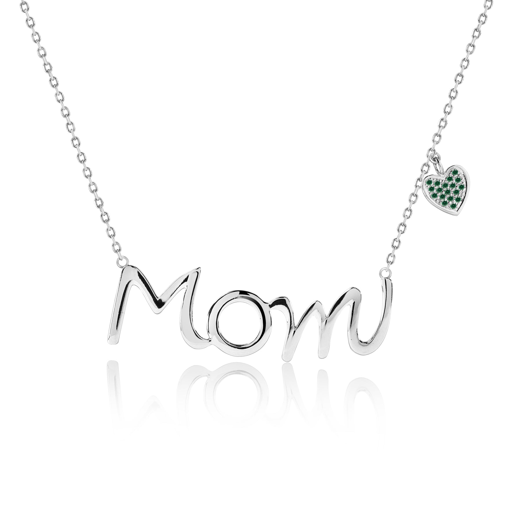 Mom Script Pendant with Dark Green Stone Decorated Heart Charm Pendant Necklace in 18K White Gold over Silver - May Birthstone