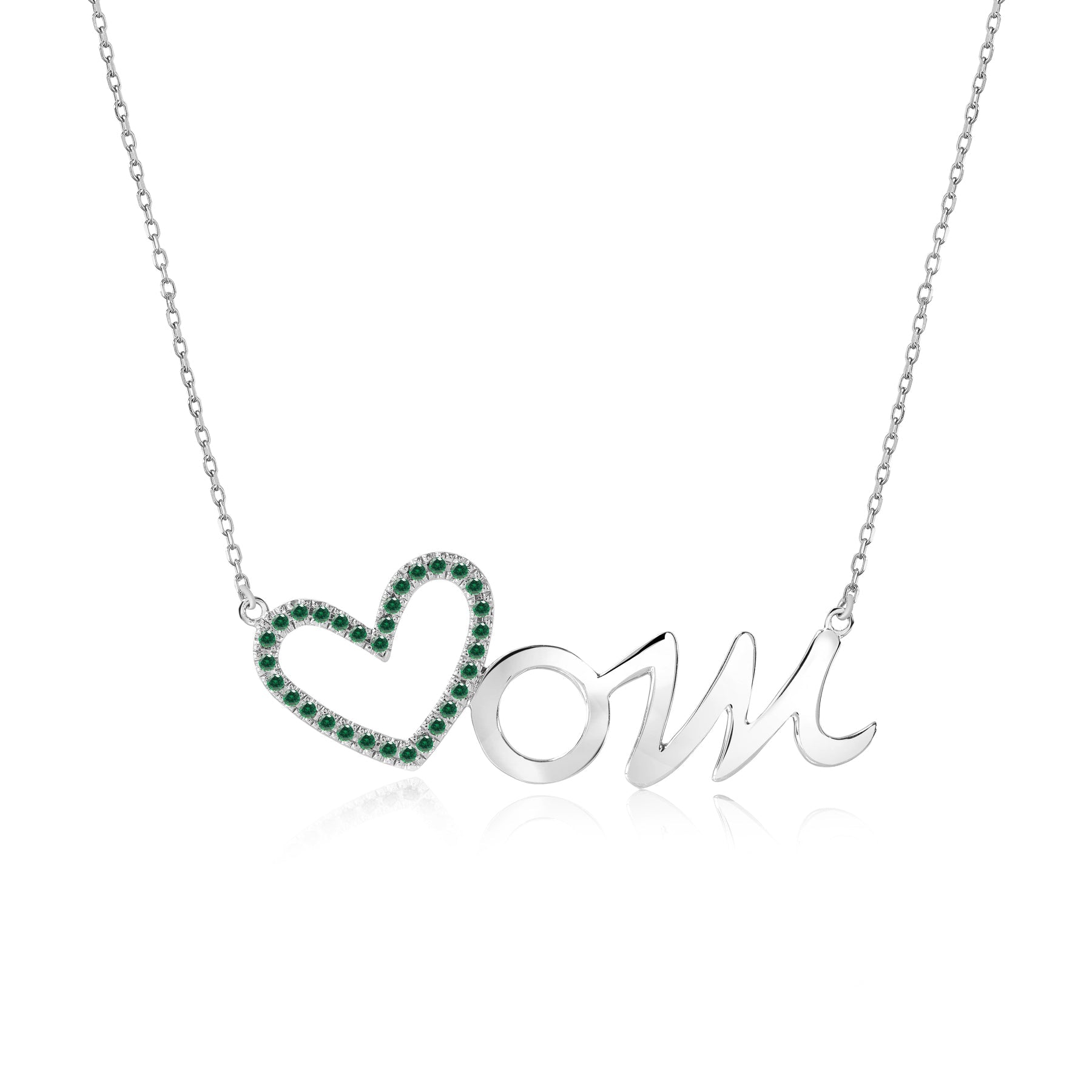 Open Heart Mom with Decorated Dark Green Stone Pendant Necklace in 18K White Gold over Silver - May Birthstone - Gift for Mom