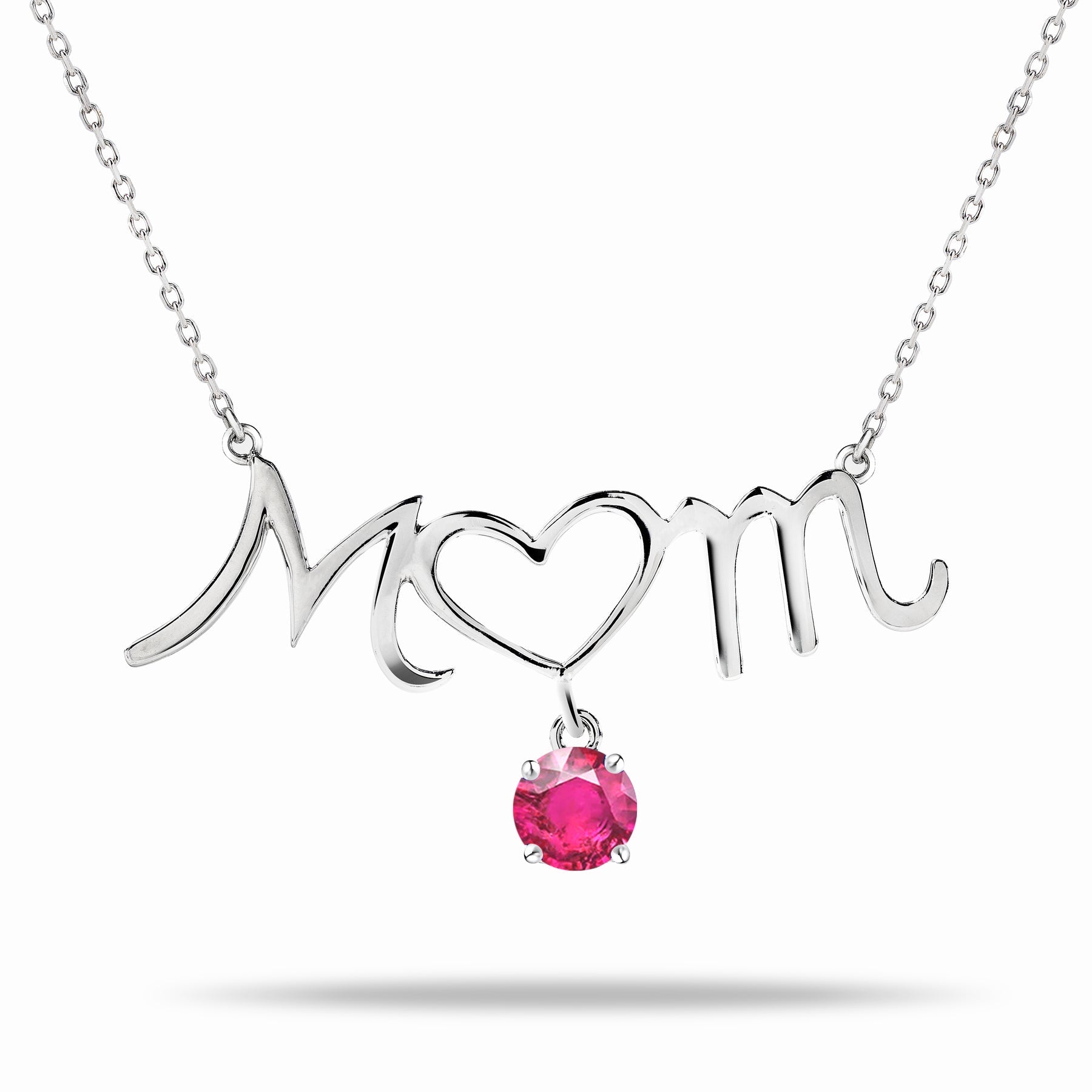 Mom Heart-Shaped O with Hanging Strong Strong Red Stone Pendant Necklace in 18K White Gold over Silver - July Birthstone - Necklace for Mom