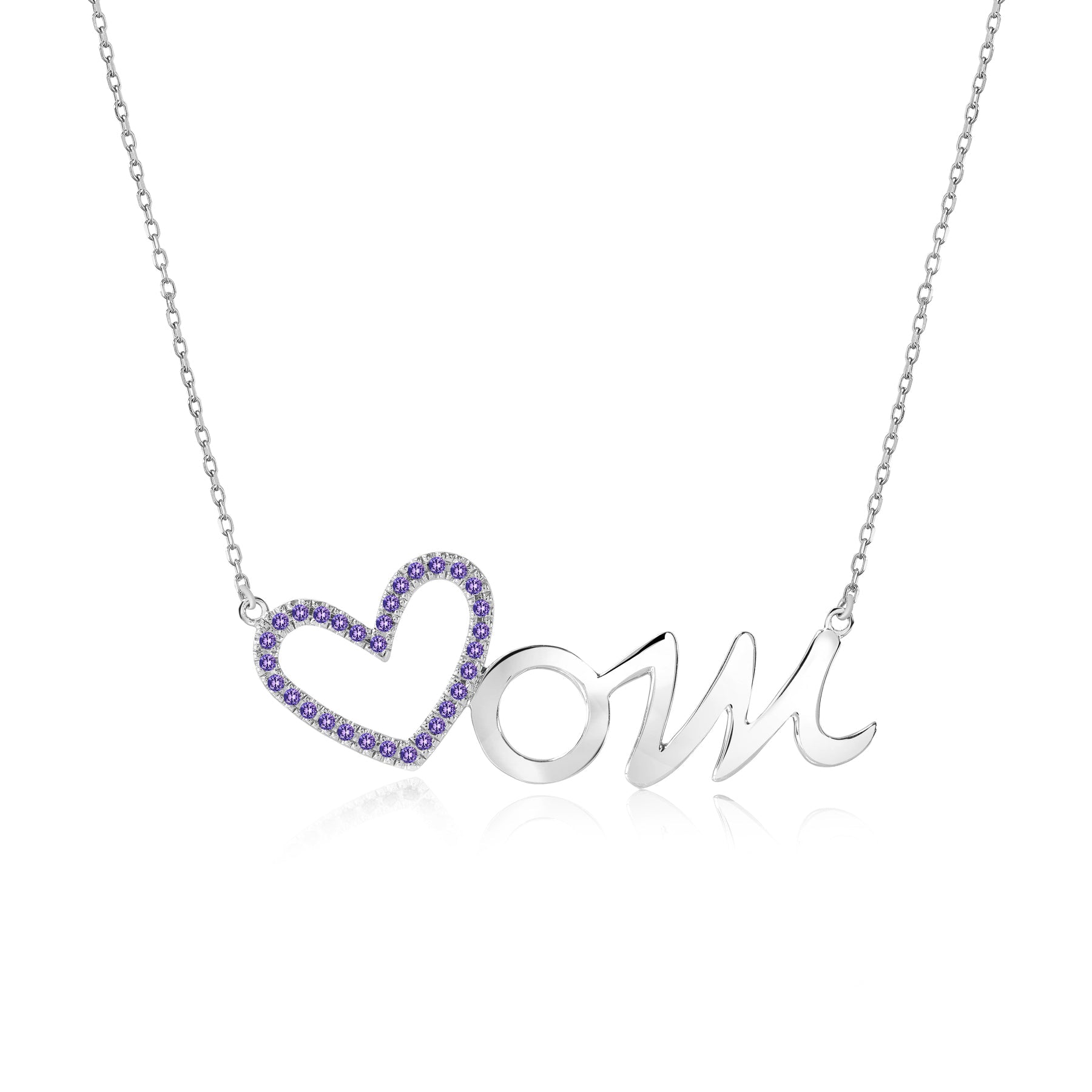 Open Heart Mom with Decorated Multi-Color Purple Stone Pendant Necklace in 18K White Gold over Silver - June Birthstone - Gift for Mom