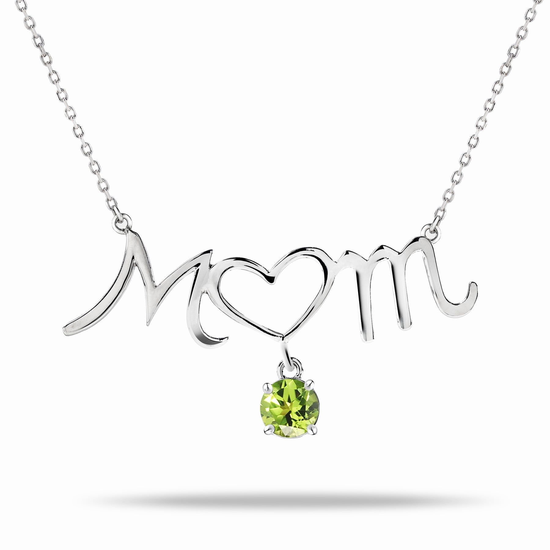 Mom Heart-Shaped O with Hanging Light Green Stone Pendant Necklace in 18K White Gold over Silver - August Birthstone - Necklace for Mom