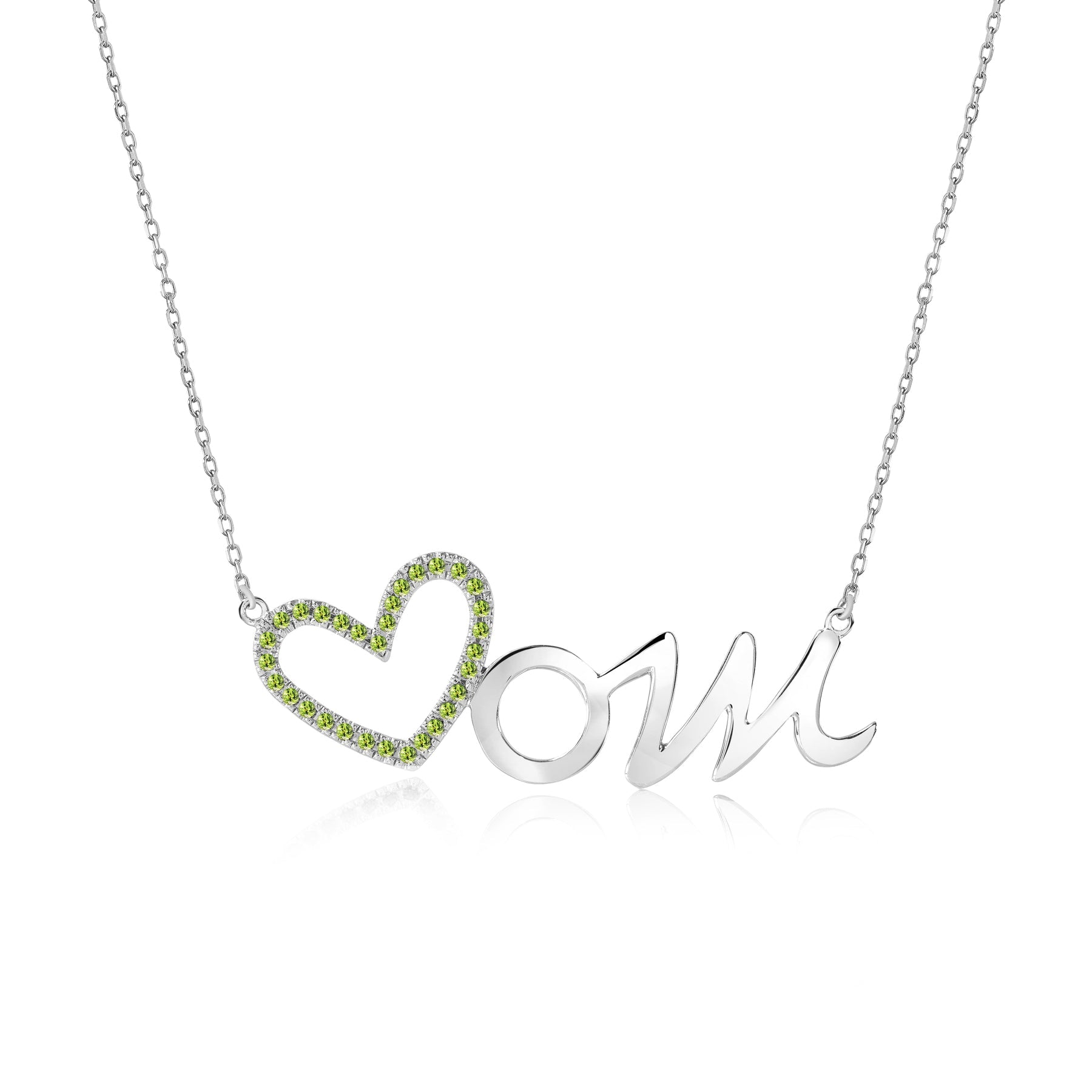 Open Heart Mom with Decorated Light Green Stone Pendant Necklace in 18K White Gold over Silver - August Birthstone - Gift for Mom