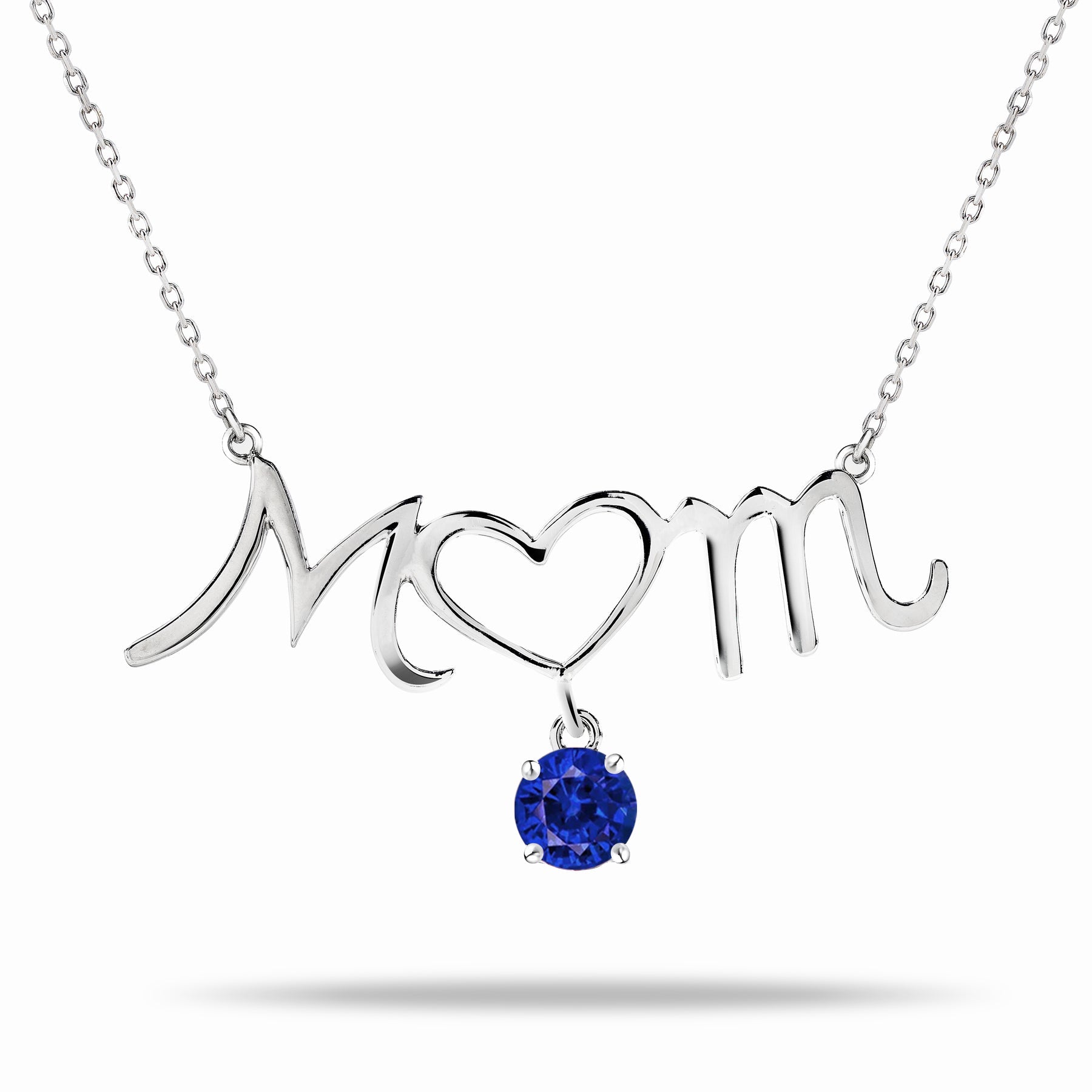 Mom Heart-Shaped O with Hanging Dark Blue Stone Pendant Necklace in 18K White Gold over Silver - September Birthstone - Necklace for Mom