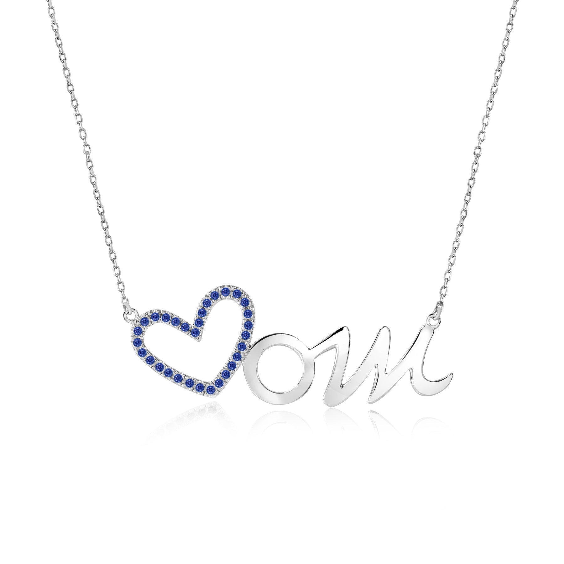 Open Heart Mom with Decorated Dark Blue Stone Pendant Necklace in 18K White Gold over Silver - September Birthstone - Gift for Mom