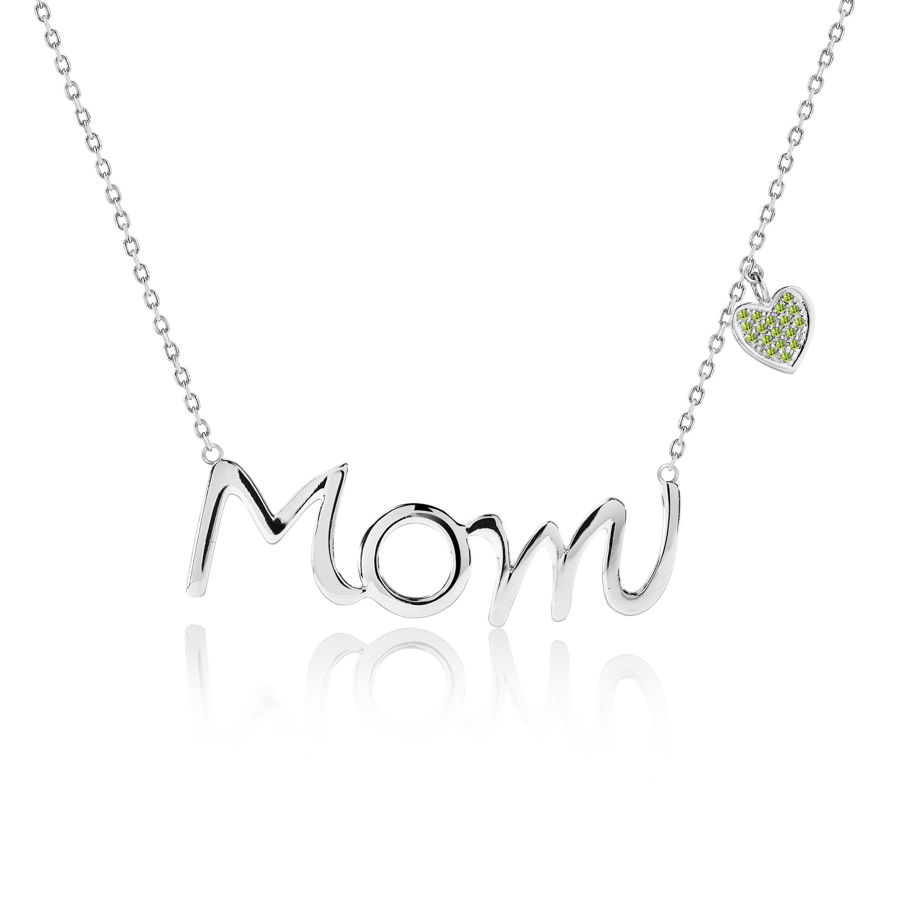 Mom Script Pendant with Light Green Stone Decorated Heart Charm Pendant Necklace in 18K White Gold over Silver - August Birthstone