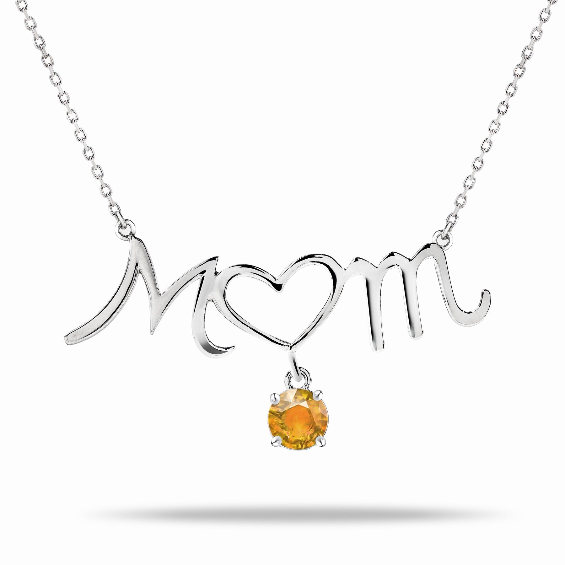 Mom Heart-Shaped O with Hanging Yellow Stone Pendant Necklace in 18K White Gold over Silver - November Birthstone - Necklace for Mom