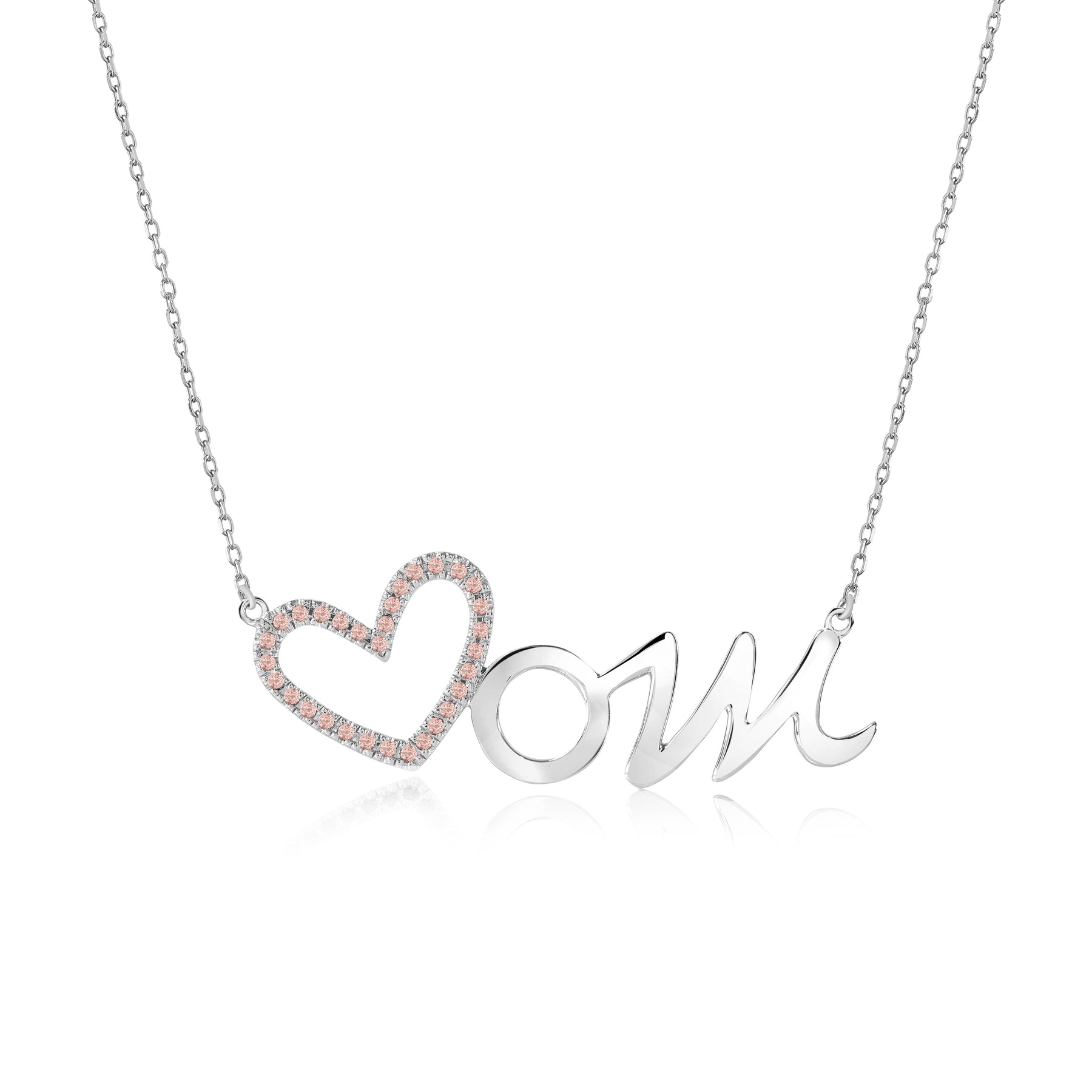 Open Heart Mom with Decorated Pink Stone Pendant Necklace in 18K White Gold over Silver - October Birthstone - Gift for Mom