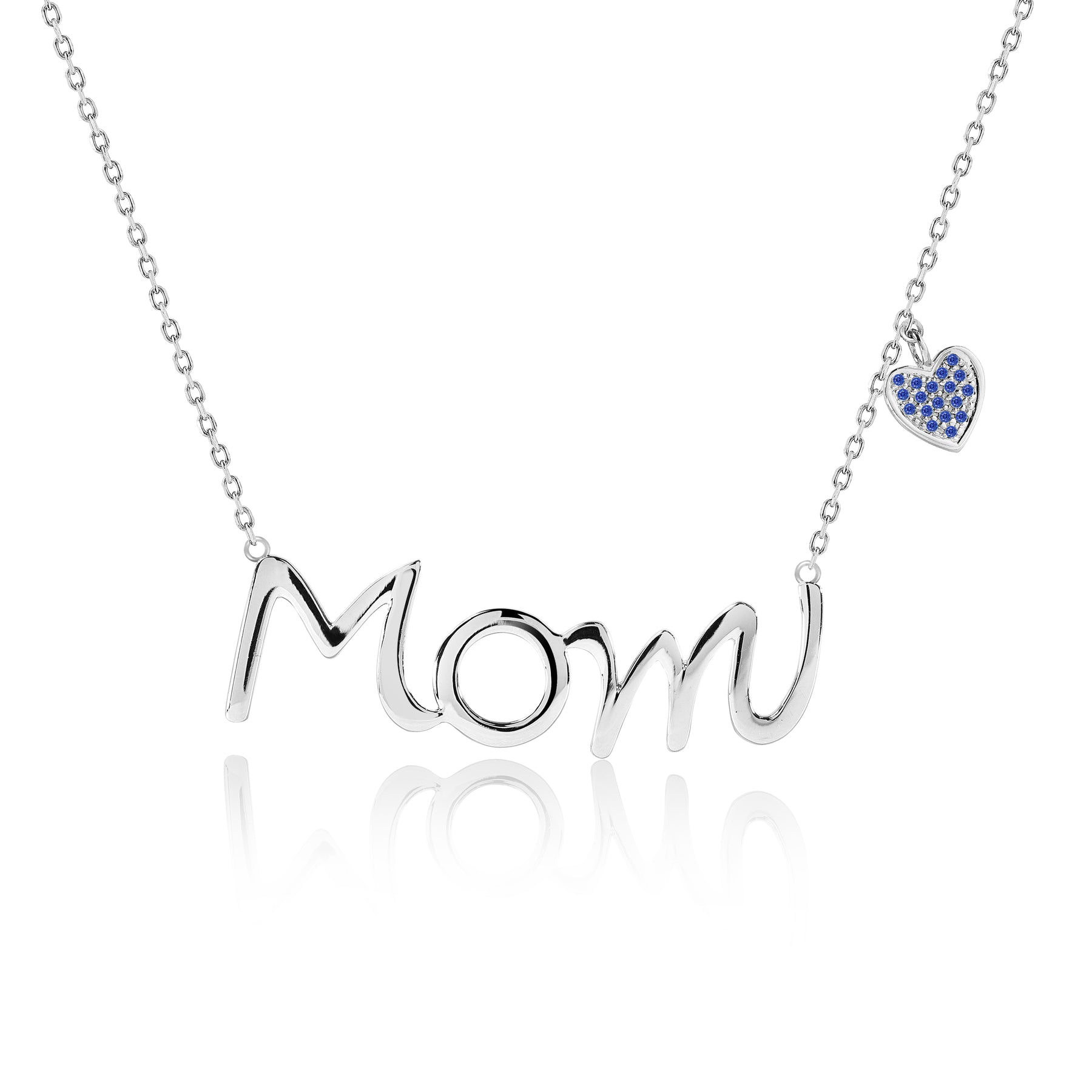 Mom Script Pendant with Dark Blue Stone Decorated Heart Charm Pendant Necklace in 18K White Gold over Silver - September Birthstone