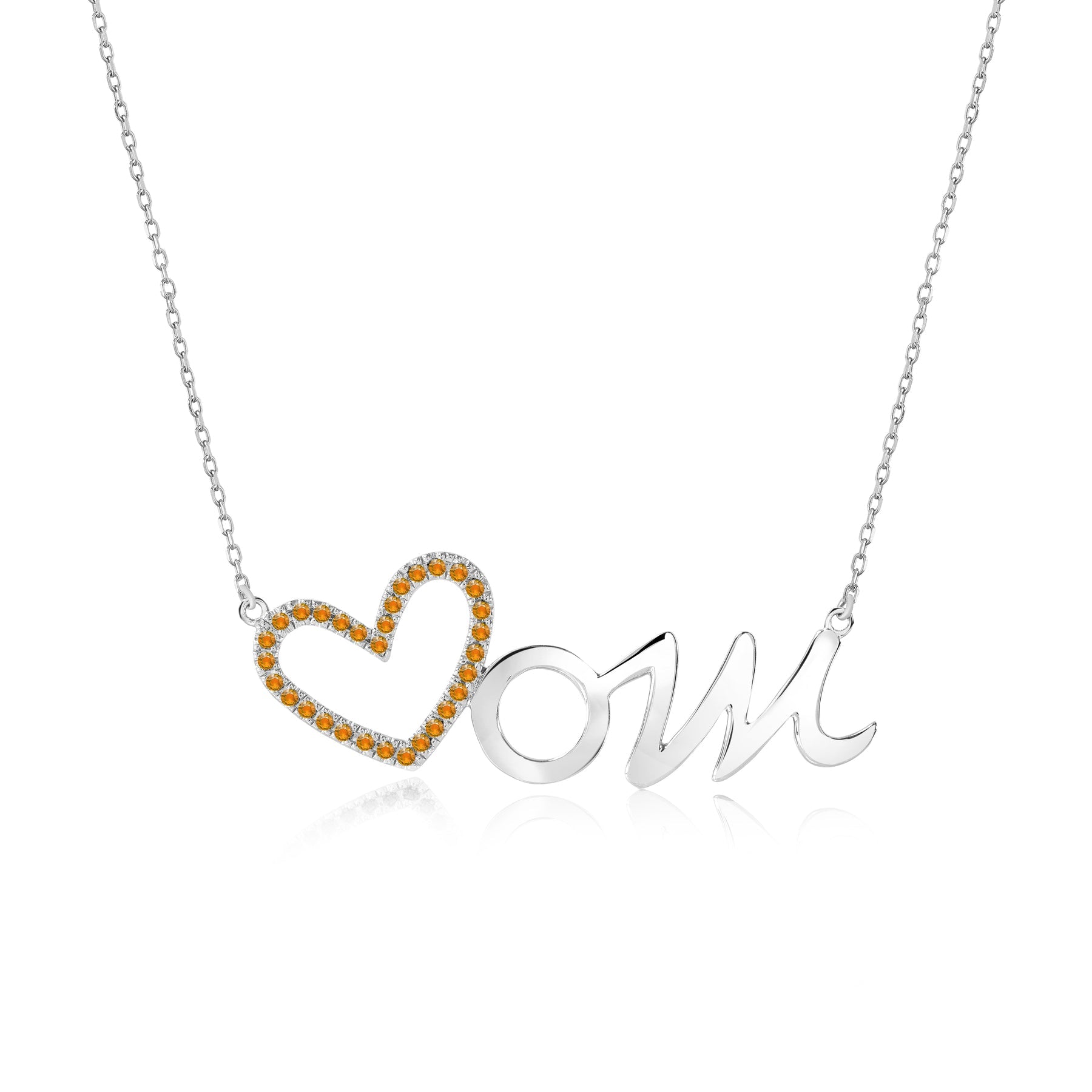 Open Heart Mom with Decorated Yellow Stone Pendant Necklace in 18K White Gold over Silver - November Birthstone - Gift for Mom