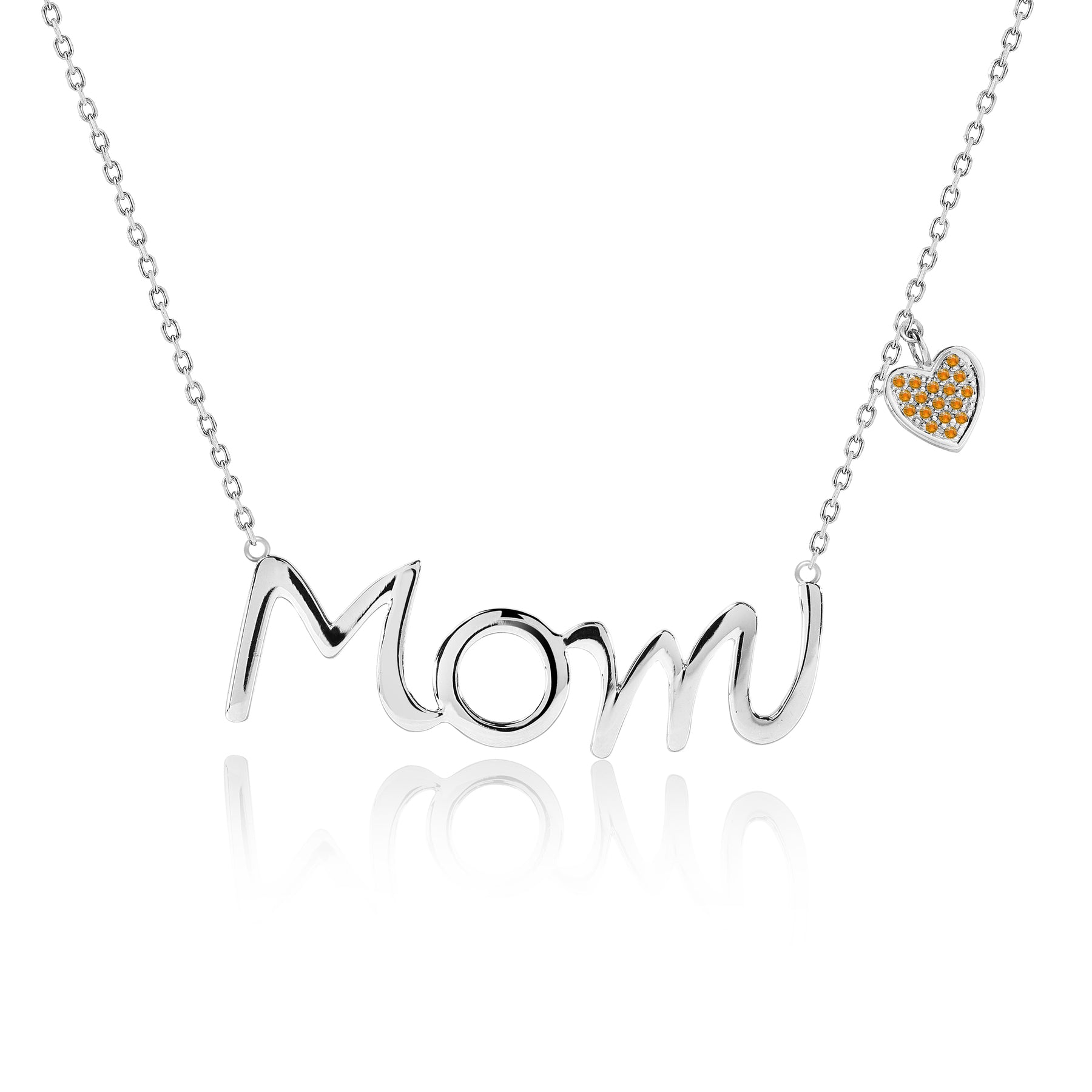 Mom Script Pendant with Yellow Stone Decorated Heart Charm Pendant Necklace in 18K White Gold over Silver - November Birthstone