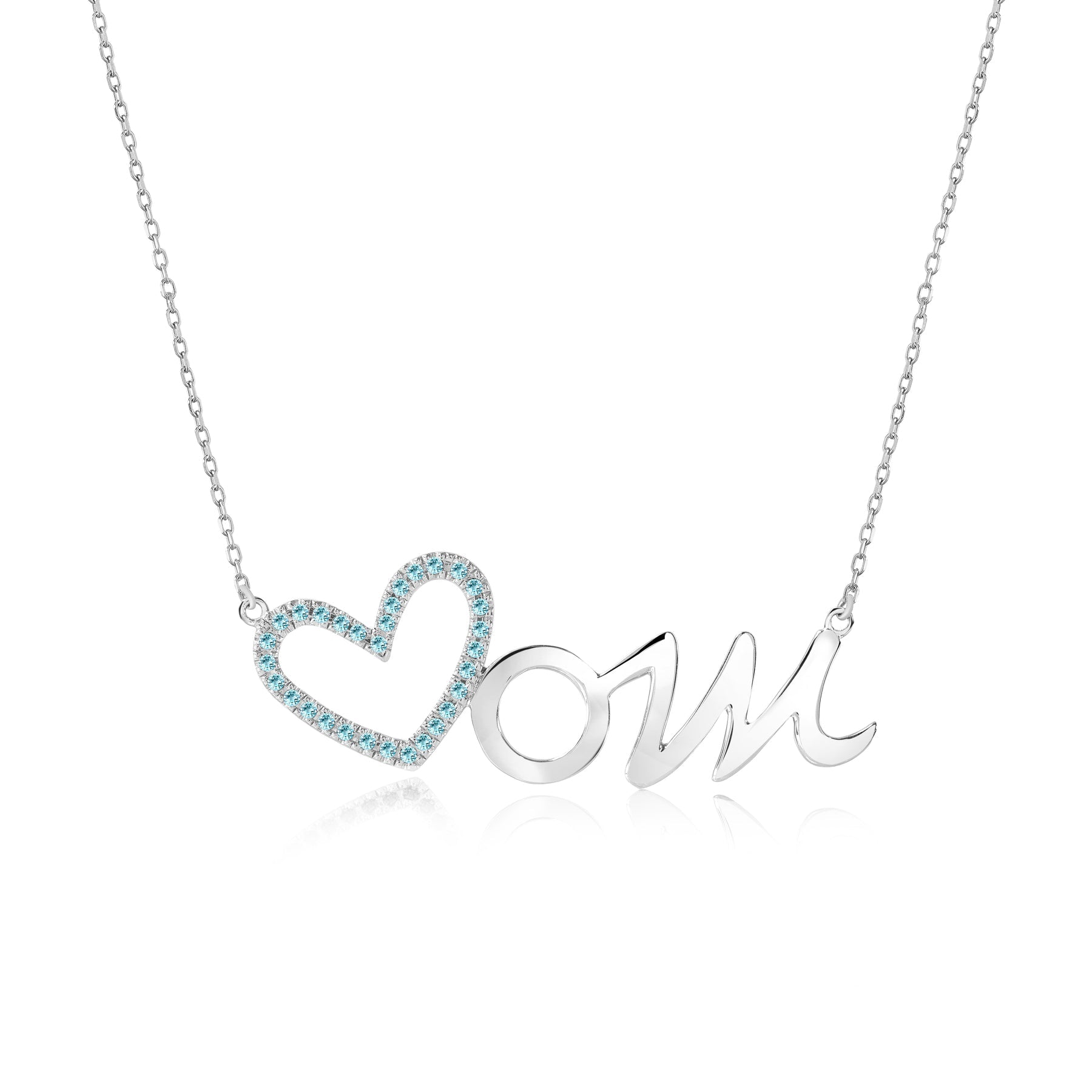 Open Heart Mom with Decorated Light Blue Stone Pendant Necklace in 18K White Gold over Silver - December Birthstone - Gift for Mom