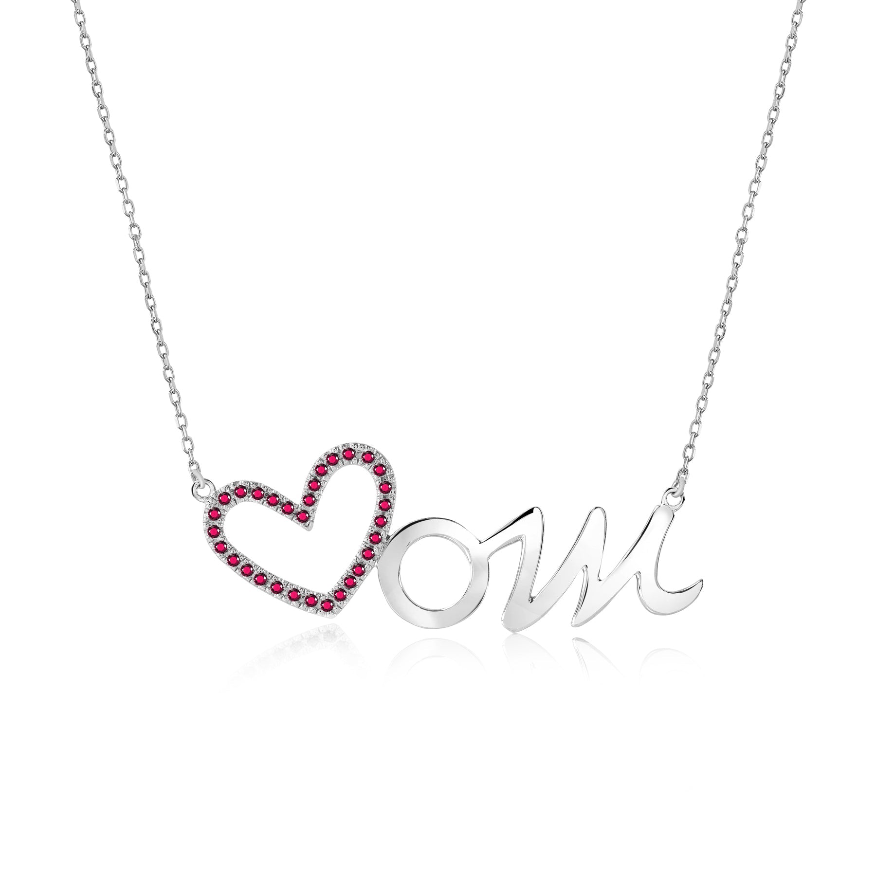 Open Heart Mom with Decorated Red Stone Pendant Necklace in 18K White Gold over Silver - January Birthstone - Gift for Mom