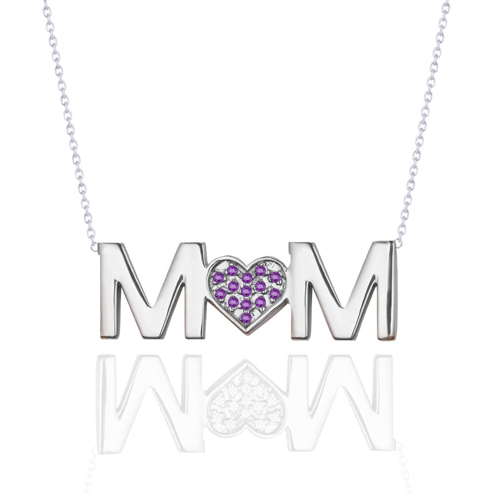 MOM Pendant Necklace - Purple Stone - February Birthstone in 18K White Gold over Sterling Silver