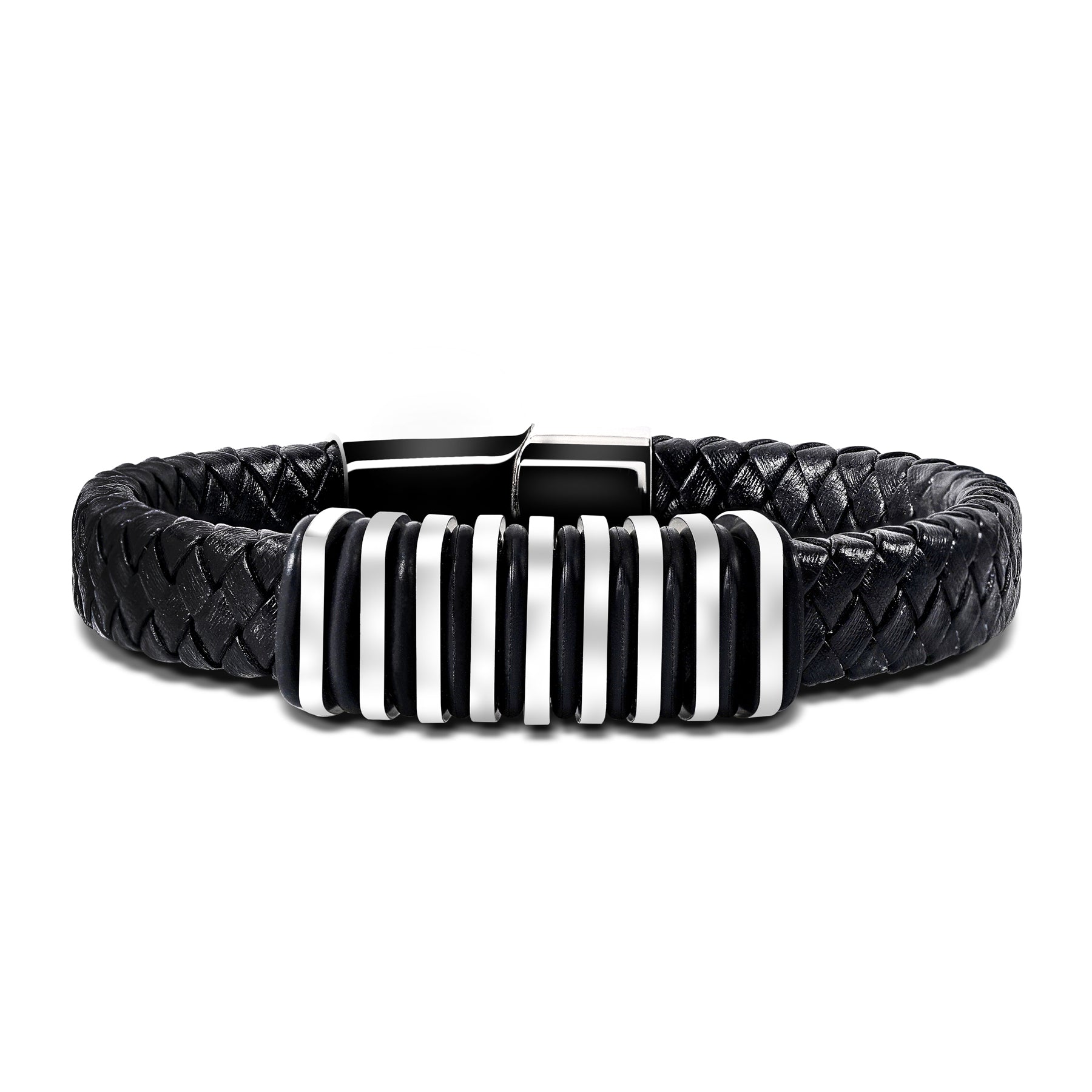 Black and White Braided Wristband with Magnetic Clasp - Men's Fashion Jewelry