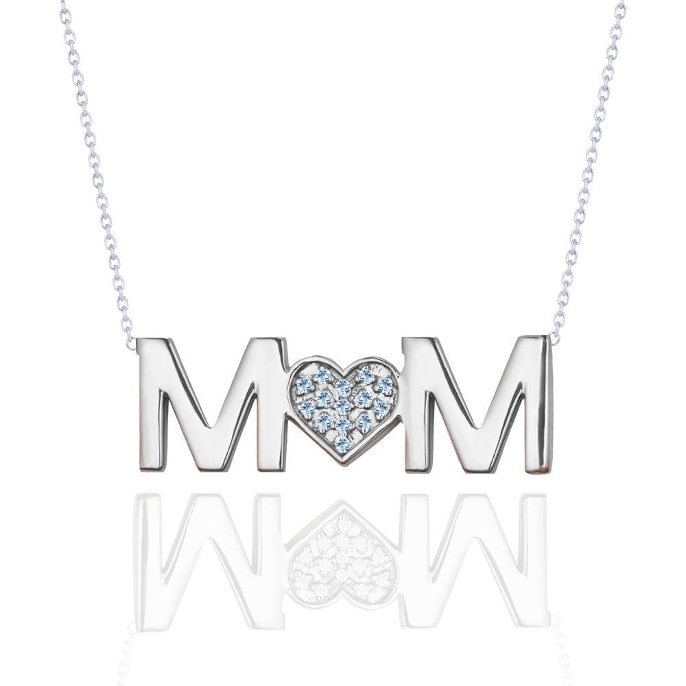 MOM Pendant Necklace - Ice Blue Stone - March Birthstone in 18K White Gold over Sterling Silver