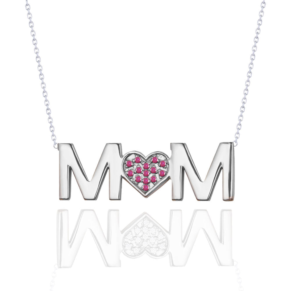 MOM Pendant Necklace - Strong Red Stone - July Birthstone in 18K White Gold over Sterling Silver