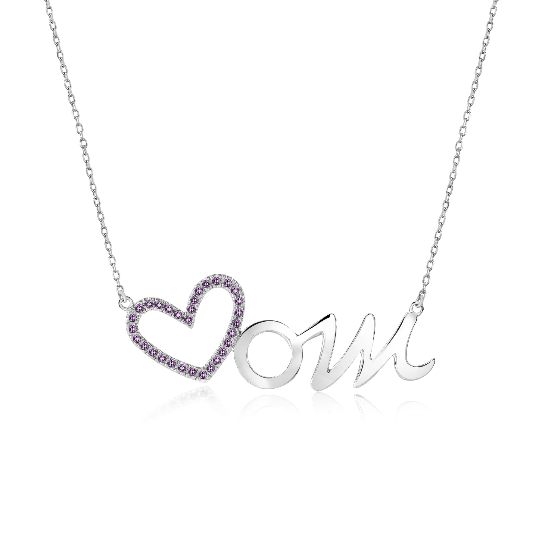 Open Heart Mom with Decorated Purple Stone Pendant Necklace in 18K White Gold over Silver - February Birthstone - Gift for Mom