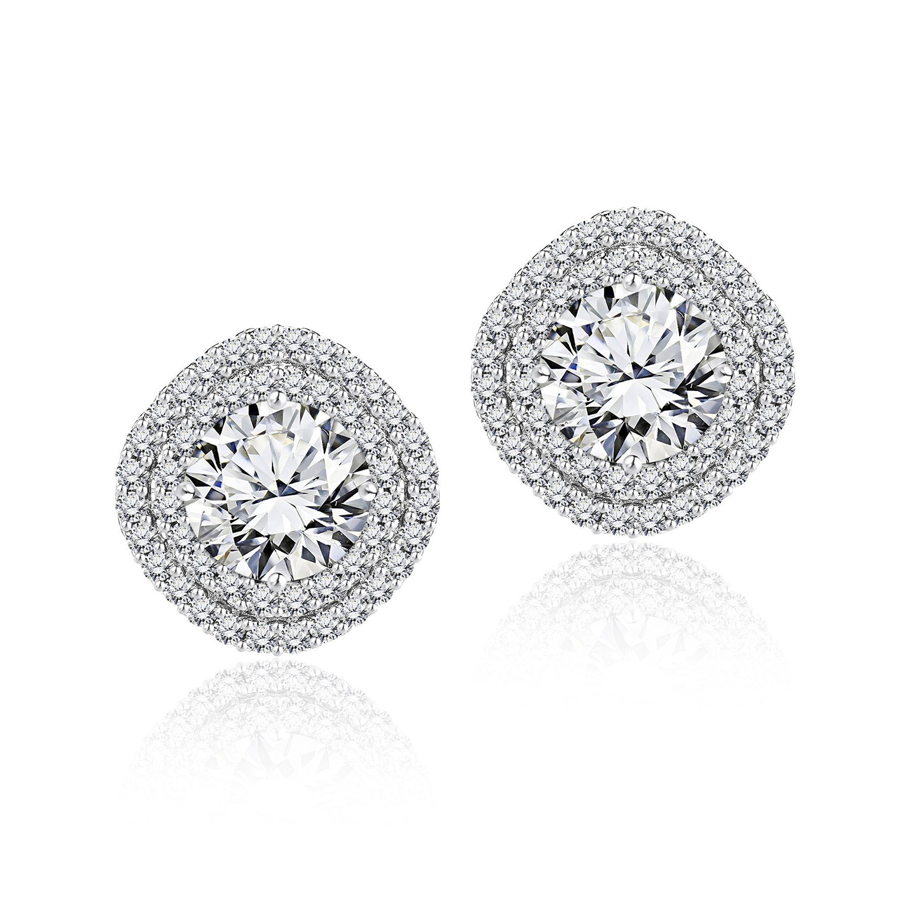 3 Carat Round Cut with Double Halo Cushion Stud Earrings in Sterling Silver - Everyday Luxury Jewelry - Gift for Her