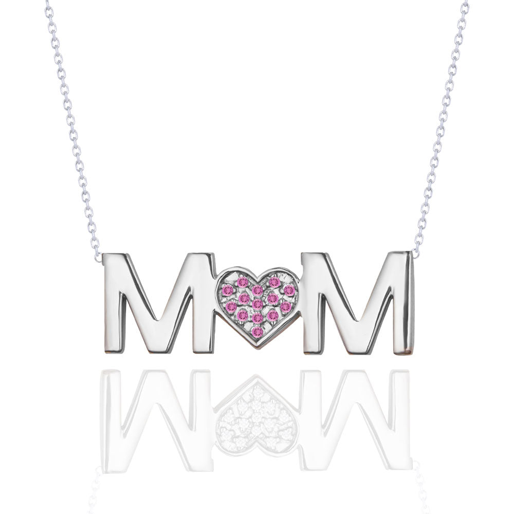 MOM Pendant Necklace - Pink Stone - October Birthstone in 18K White Gold over Sterling Silver