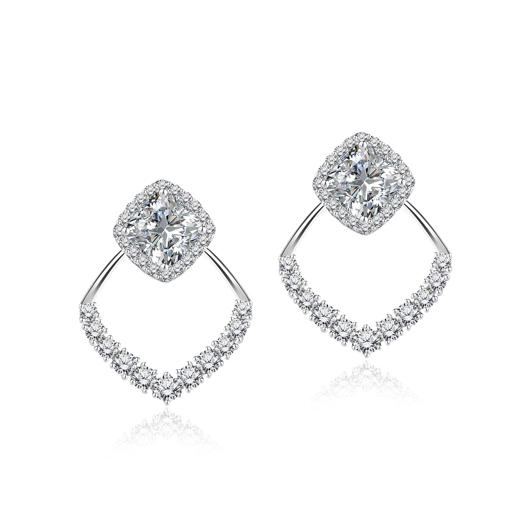 3 Carat Cushion Cut Halo Drop Earrings with Open Cushion Decor in Sterling Silver - Gift for Her