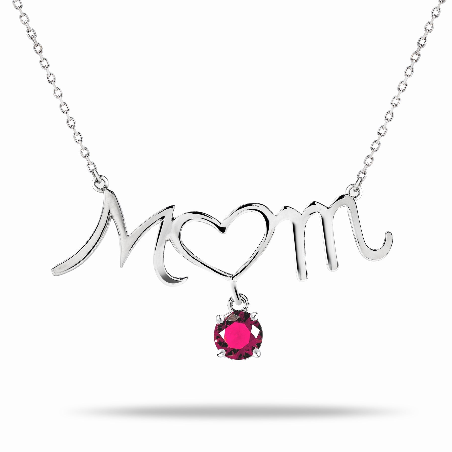 Mom Heart-Shaped O with Hanging Red Stone Pendant Necklace in 18K White Gold over Silver - January Birthstone - Necklace for Mom