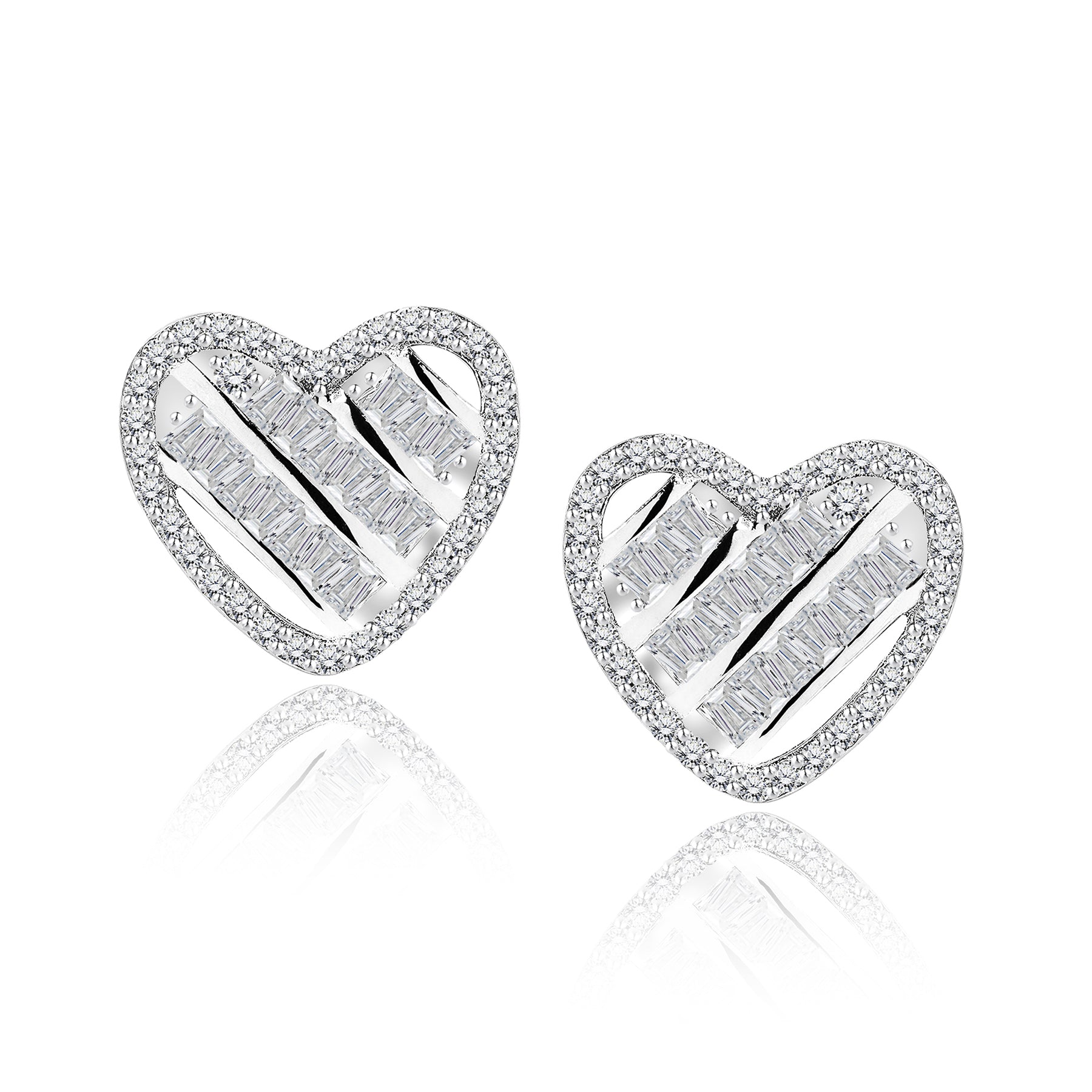 Round and Baguette Cut Halo Heart-Shaped Stud Earrings in Sterling Silver - Women's Everyday Jewelry