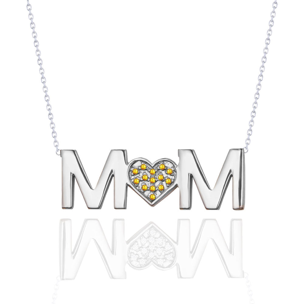 MOM Pendant Necklace - Yellow Stone - November Birthstone in 18K White Gold over Sterling Silver