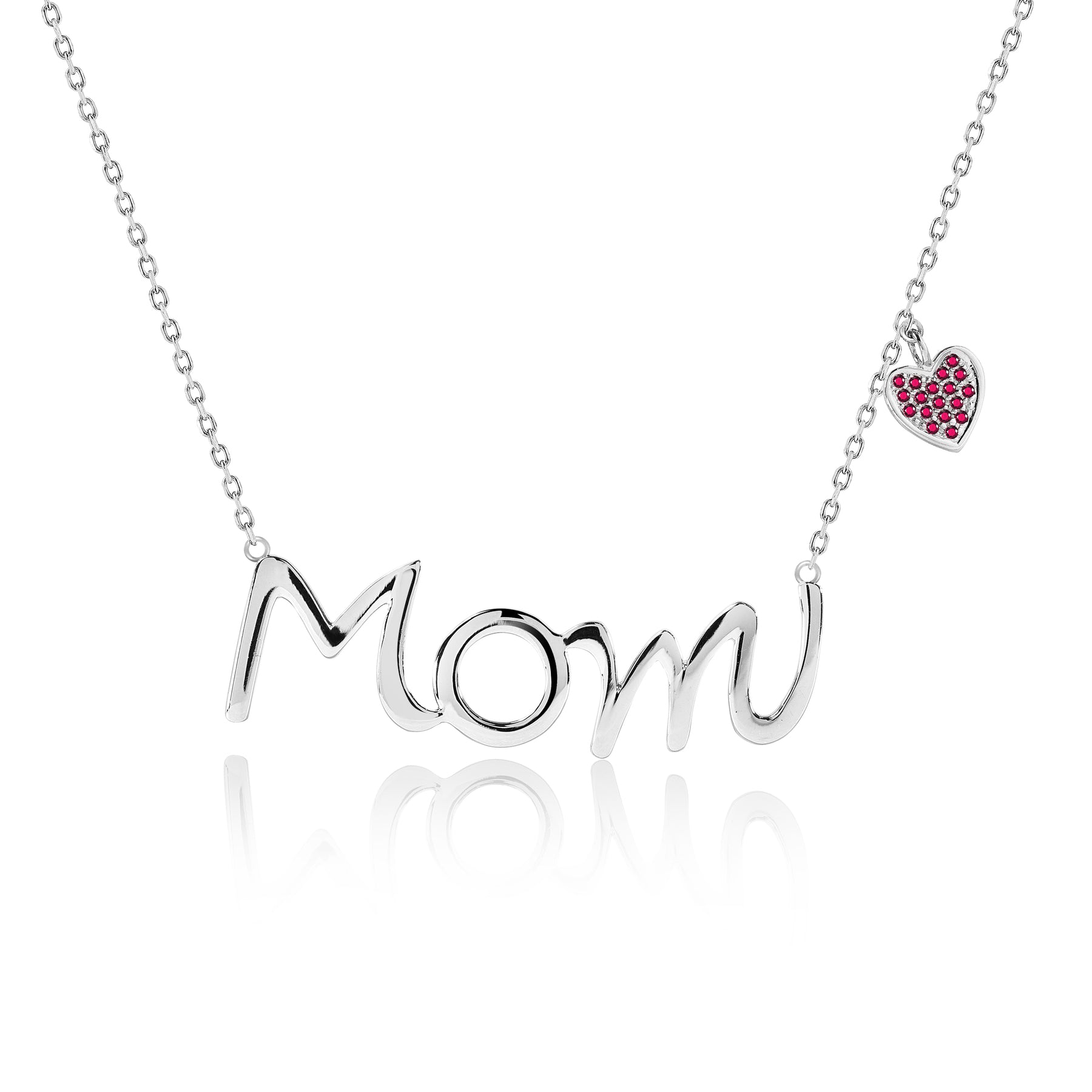 Mom Script Pendant with Red Stone Decorated Heart Charm Pendant Necklace in 18K White Gold over Silver - January Birthstone