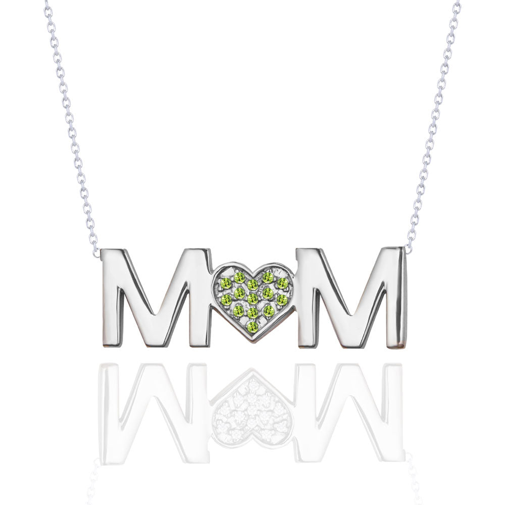 MOM Pendant Necklace - Light Green Stone - August Birthstone in 18K White Gold over Sterling Silver