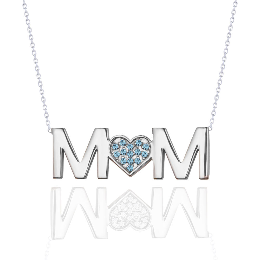 MOM Pendant Necklace - Light Blue Stone - December Birthstone in 18K White Gold over Sterling Silver