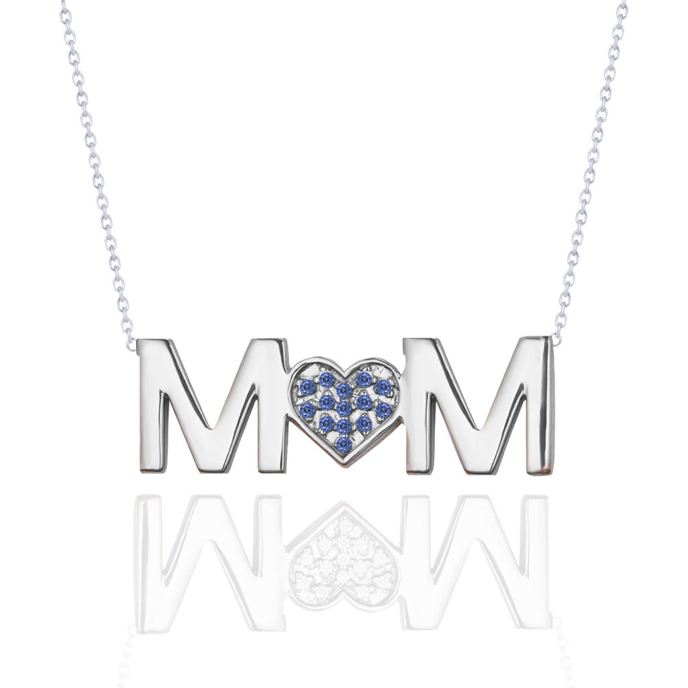 MOM Pendant Necklace - Dark Blue Stone - September Birthstone in 18K White Gold over Sterling Silver