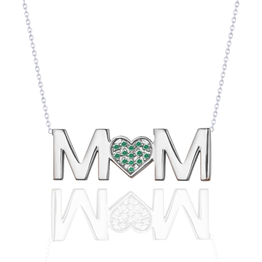 MOM Pendant Necklace - Dark Green Stone - May Birthstone in 18K White Gold over Sterling Silver