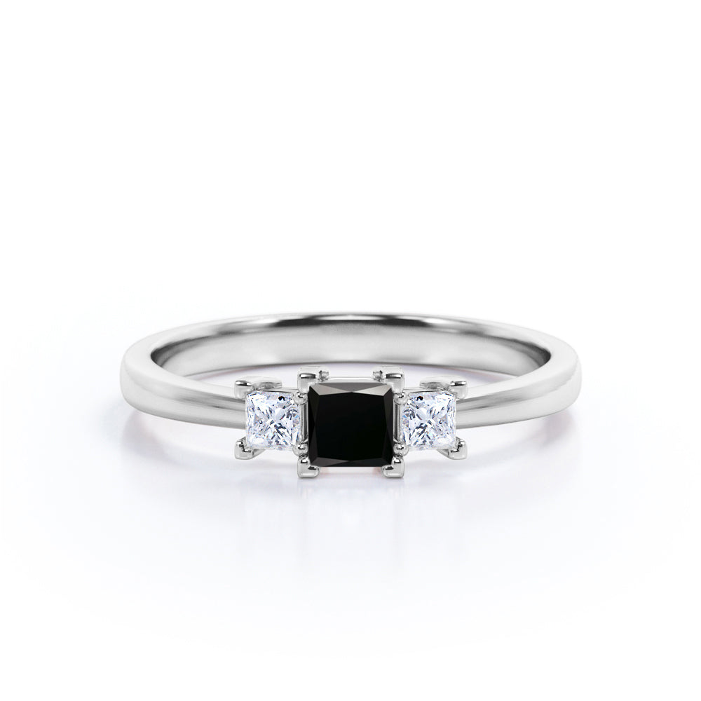 1.15 Carat Princess Cut Lab Grown Black Diamond Three Stone Engagement Ring In White Gold