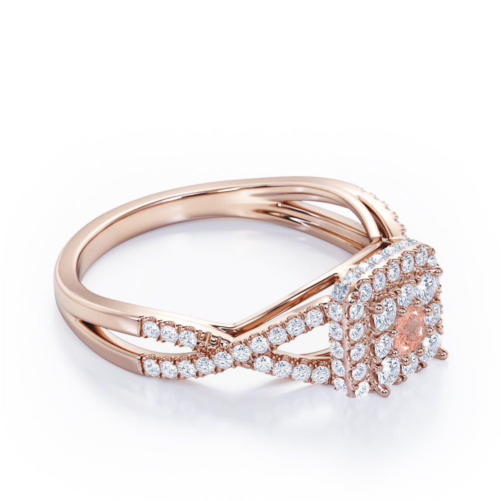 Pave Crossover - 1.25 Carat Round Cut Strawberry Quartz - Flush Cluster Halo Engagement Ring in Rose Gold