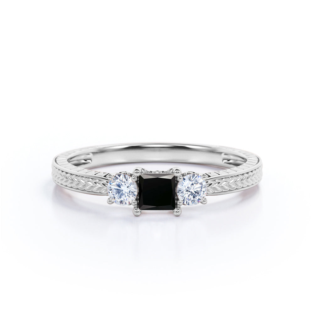 1 carat princess cut Black Diamond art deco engagement ring in white gold