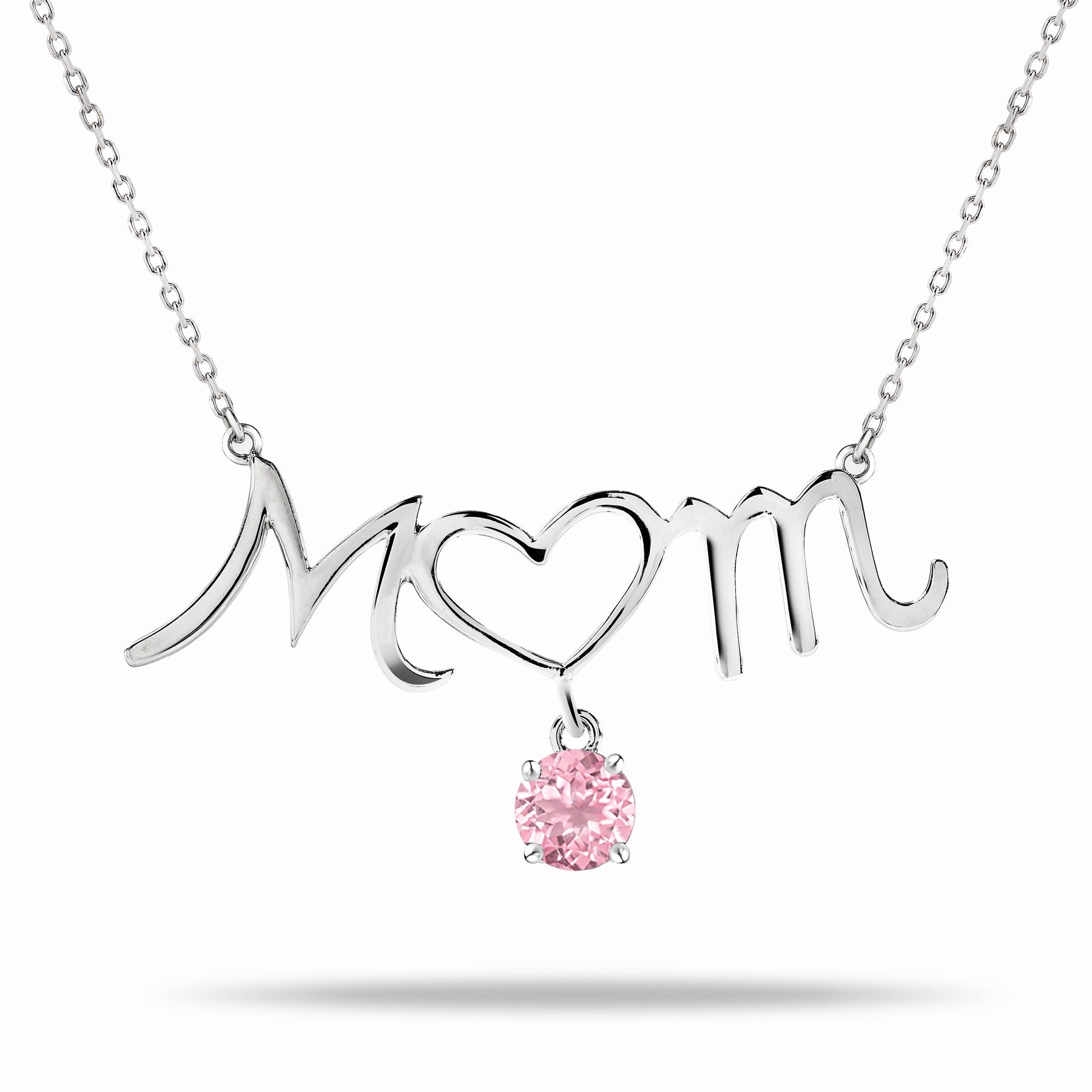 Mom Heart-Shaped O with Hanging Pink Stone Pendant Necklace in 18K White Gold over Silver - October Birthstone - Necklace for Mom