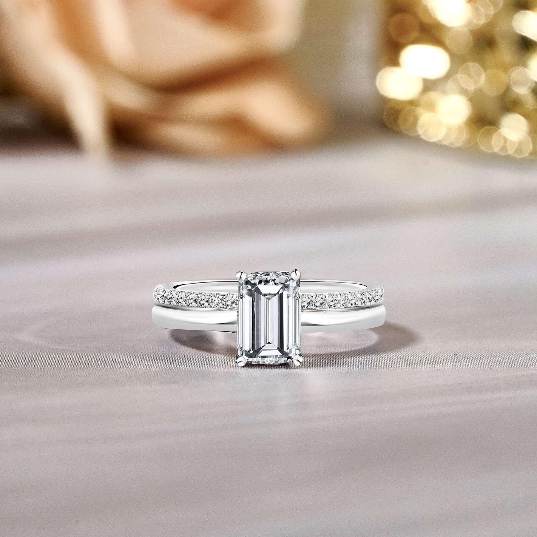 2.25 Carat Emerald Cut Cubic Zirconia Solitaire Wedding Set in 18K White Gold over Brass