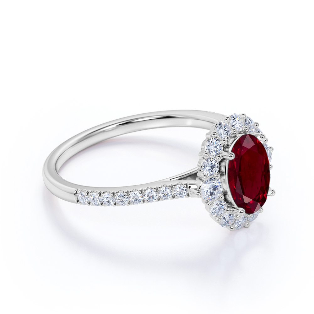 Sparkling Pave 1.5 Carat Oval Cut Lab-Created Ruby and Diamond Engagement Ring in White Gold